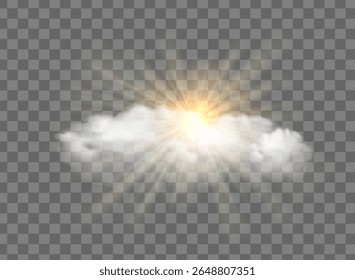 White cloud with sunny rays, realistic sunny cloudy sky. Vector glow light effect with cloud, smoke, fog. Sunlight cloud texture transparent background
