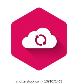 White Cloud sync refresh icon isolated with long shadow. Cloud and arrows. Pink hexagon button. Vector Illustration