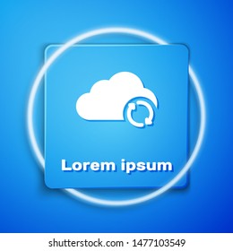 White Cloud sync refresh icon isolated on blue background. Cloud and arrows. Blue square button. Vector Illustration