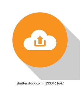 White Cloud upload icon isolated on white background. Orange circle button. Flat design. Vector Illustration