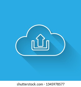 White Cloud upload icon isolated with long shadow. Vector Illustration