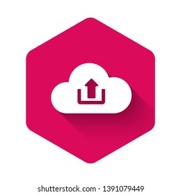 White Cloud upload icon isolated with long shadow. Pink hexagon button. Vector Illustration