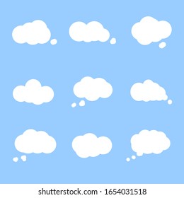 white cloud vectors on blue background with speech bubble banner, flat design