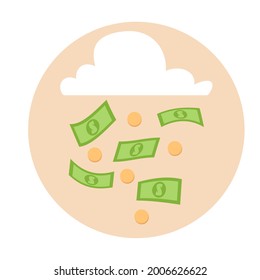 A white cloud from which it rains in the form of green banknotes or banknotes and coins. Vector illustration. Success, wealth concept