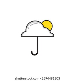 White cloud with a yellow sun peeking out and a black handle umbrella.