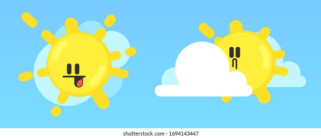 White cloud and yellow sun with smiling face. Fluffy clouds.