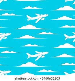 Weiße Wolken und Flugzeuge auf himmelblauem Hintergrund. Nahtlose Vektorgrafik.