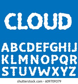 White clouds alphabet on the blue background, abstract font