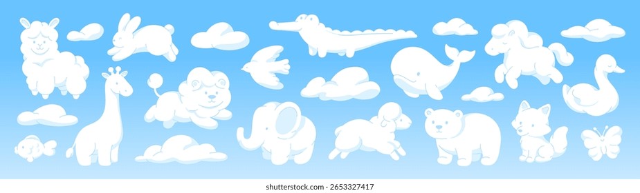 White clouds animal shapes. Funny cartoon animals cloudy design. Kids imagination adorable characters, sheep bear giraffe pony, racy vector set