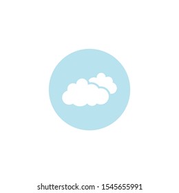 white clouds in blue circle icon. Soft, airy, light, breathful icon. Vector air flat illustration. Cartoon weather sign. Cloudy day. Season symbol. Hosting or data symbol.