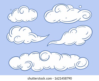 White clouds with blue outline. Hand drawn vector illustration. Cartoon style. Isolated on blue background.