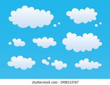 White clouds in a blue sky background, flat vector set.