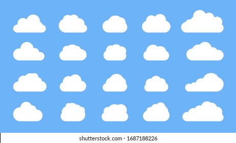 White clouds cartoon set on blue sky background. Flat weather symbol, different shape cloud icon. Fun speak air bubble, sticker template for text. Web cloudy service sign. Isolated vector illustration