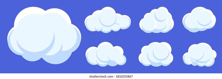 White clouds cartoon set on blue sky background. Fun speak air bubble, sticker template. for text. Weather symbol, different shape cloud icon. Web cloudy service sign. Isolated vector illustration
