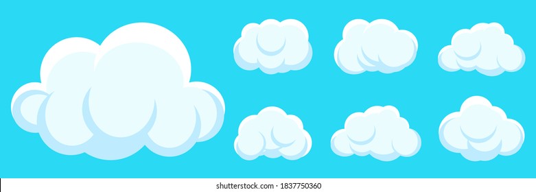 Weiße Wolken Cartoon auf blauem Himmelshintergrund. Wettersymbol, anderes Form Cloud Symbol für Text. Fun Sprich Luftblase, Aufkleber Vorlage. Webwolkendienstzeichen. Einzelne Vektorgrafik