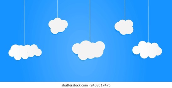 White clouds in cartoon style on the background of blue sky. Colorful background for children's illustrations and much more. Vector illustration in paper style.