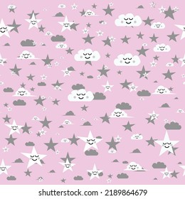 carácter de nubes blancas con nubes de estrellas grises y fondo de cielo rosa y luna perfectamente repetible. perfecto para envoltura de regalo, tarjeta de invitación, tarjeta de saludo, diseño de patrón textil de moda et