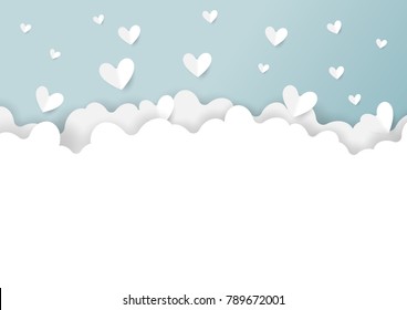 White clouds and cofetti paper hearts shape on blue background.Paper art style of valentine's day greeting card and love concept.Vector illustration.