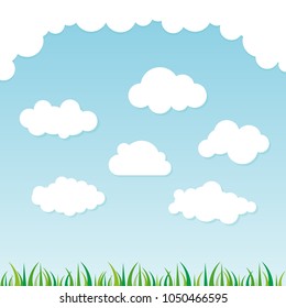 White clouds collection with grass green on blue gradient background