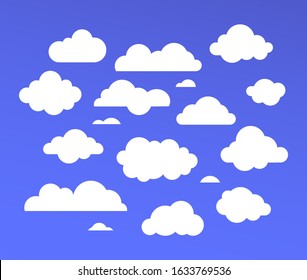 White clouds collection - set of colorful vector elements in flat design style isolated on blue background. Cloudy weather cartoon symbols, cumulus of different forms and shapes. Cloudscape, sky items