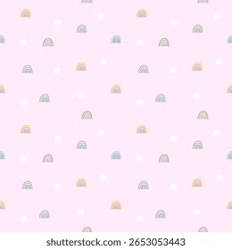 White clouds and colorful rainbows. Seamless pattern.