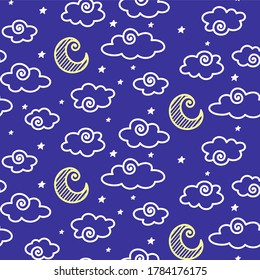 White clouds with a curl, stars and striped yellow Moon with a swirl on a blue background. Vector seamless pattern for kid's wallpaper, wrapping paper, packaging, wrapper, printing on fabric, textile