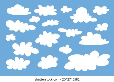 Weiße Wolken doodle Sammlung auf blauem Hintergrund. Vektorhandgezeichnet