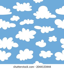 White clouds doodle collection on a blue background seamless pattern. Vector illustration
