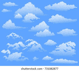 White clouds with dot effect. Set vector illustration.