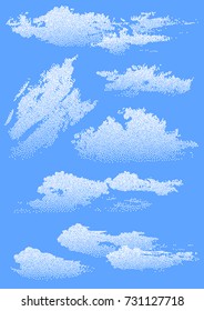 White clouds with a dot texture on a blue sky. Set vector illustration.