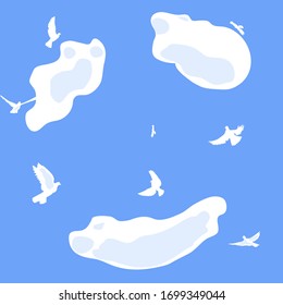 white clouds and doves on a blue background