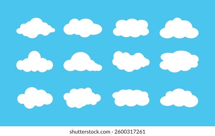 White clouds flat icons collection. Abstract simple cartoon clouds and blue sky.