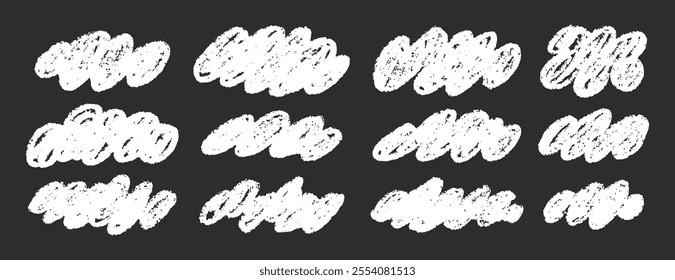 White clouds fluffy pencil chalk crayon hand drawn clouds kids style clipart. Childish naive clouds icons isolated. Rough cute pastel texture set. Vector illustration