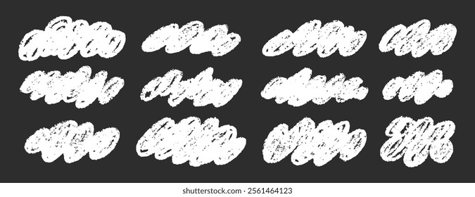 White clouds fluffy pencil chalk crayon hand drawn clouds kids style clipart. Childish naive clouds icons isolated. Rough cute pastel texture set. Vector illustration