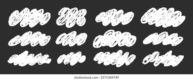 White clouds fluffy pencil chalk crayon hand drawn clouds kids style clipart. Childish naive clouds icons isolated. Rough cute pastel texture set. Vector illustration