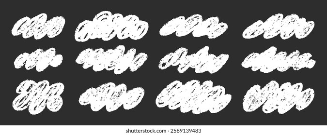 White clouds fluffy pencil chalk crayon hand drawn clouds kids style clipart. Childish naive clouds icons isolated. Rough cute pastel texture set. Vector illustration