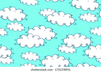 White clouds flying in a light blue sky. Cloudy day. Seamless models of children's room, textile, wrapping paper, design cover or surface. Hand drawn vector