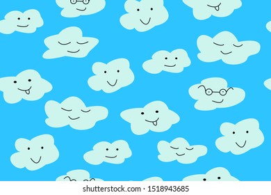 White clouds with funny faces against the blue sky. Vector illustration Seamless pattern Wallpaper background.