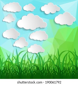 white clouds with grass silhouettes on a Natural green abstract Triangle Polygonal Background