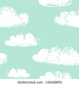 White clouds grunge prints on teal blue seamless pattern, vector