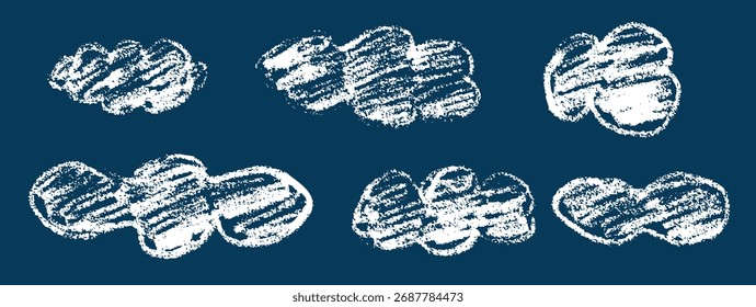 White clouds in hand drawn style with crayon pencil texture on dark blue background