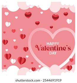 White clouds with heart shape frame. Heart-shaped love symbol from paper. Valentine's Day 2025 concept. Flat vector illustration.