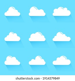 White clouds icons 9 unique styles. Flat cartoon with long shadow on blue background