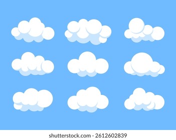 White clouds icons set. Weather symbols cartoon style. Blue sky and cumulus clouds vector illustration.