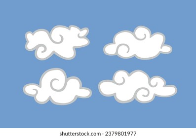 White clouds isolated on a blue background. Icon of wavy  childish clouds in blue sky. Vector illustration of shapes.