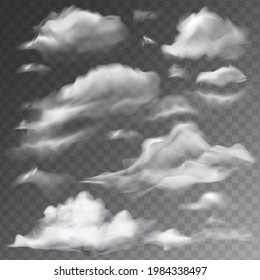 White clouds isolated on transparent gray background. Realistic 3d cloudscape forms for sky weather design. Vector fluffy cloud set. Heaven illustration EPS10