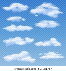 White clouds isolated on transparent blue background vector illustration. Weather with sky bright and cloudscape