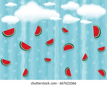 White clouds and many falling juicy slices of watermelon pieces on background of vertical wavy strips of blue color, bokeh. Concept of Hello Summer. Fruit abstract background, vector illustration