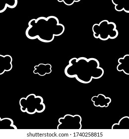 White clouds on black background seamless pattern. Vector illustration. Fabric print.