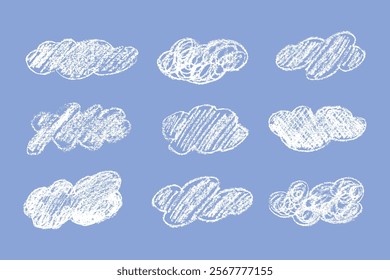 White Clouds on Blue Background Hand-Drawn Vector Set. Children's Cartoon Style Collection of Fluffy Funny Clouds. Grunge Texture of Cloud is Hand Drawn Style. Not AI